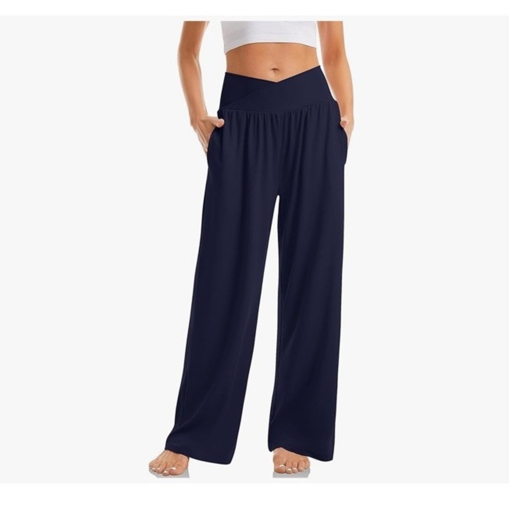 Tarse Women Navy Blue Crossover High Waist Wide Leg Yoga Pants 2XL Pockets